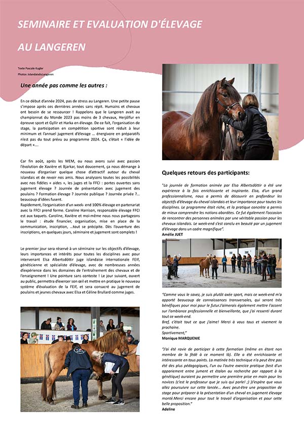 Séminaire et Evaluation des poulains et jeunes chevaux au Langeren